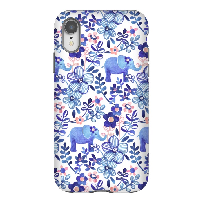 iPhone Xr StrongFit Little Purple Elephant Watercolor Floral on White by Micklyn Le Feuvre