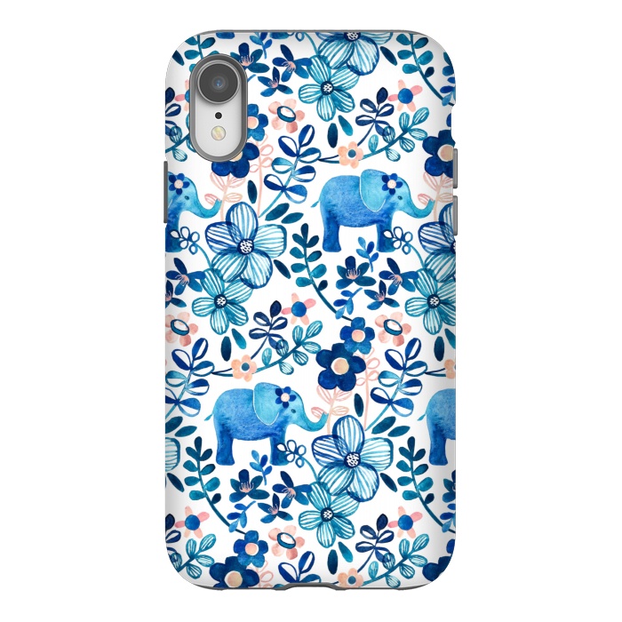 iPhone Xr StrongFit Little Blue Elephant Watercolor Floral on White by Micklyn Le Feuvre