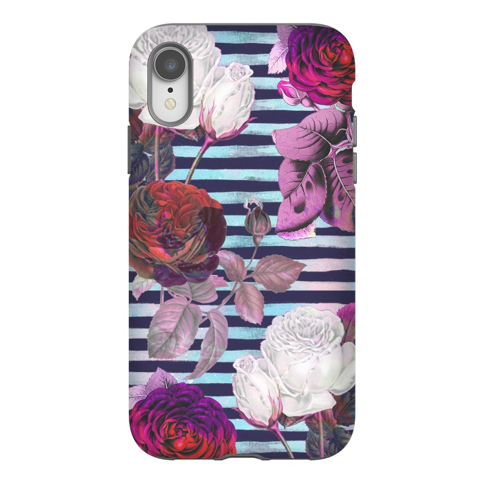 iPhone Xr StrongFit Roses on blue watercolor stripes botanical illustration by Oana 