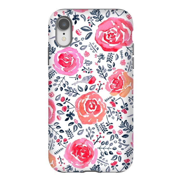 iPhone Xr StrongFit Red, Magenta & Navy Watercolor Roses  by Tigatiga