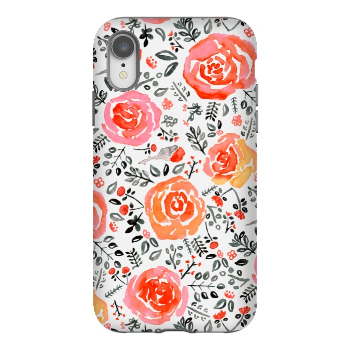 iPhone Xr StrongFit Orange, Red & Grey Watercolor Roses  by Tigatiga