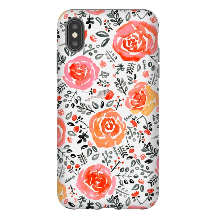 iPhone Xs Max StrongFit Orange, Red & Grey Watercolor Roses  by Tigatiga
