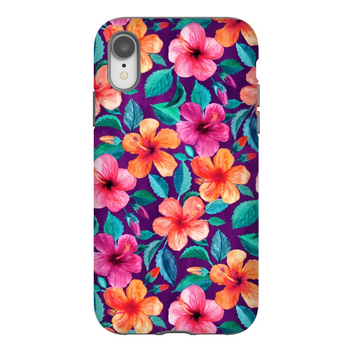 iPhone Xr StrongFit Little Bright Hibiscus Blooms in Watercolor on Purple by Micklyn Le Feuvre