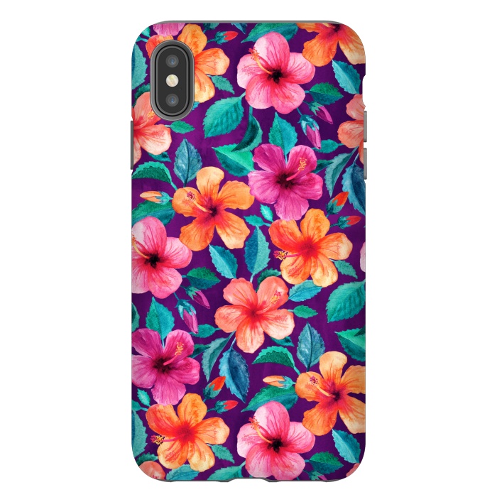 iPhone Xs Max StrongFit Little Bright Hibiscus Blooms in Watercolor on Purple by Micklyn Le Feuvre