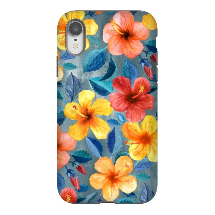 iPhone Xr StrongFit Bright Summer Hibiscus Blooms in Watercolor by Micklyn Le Feuvre