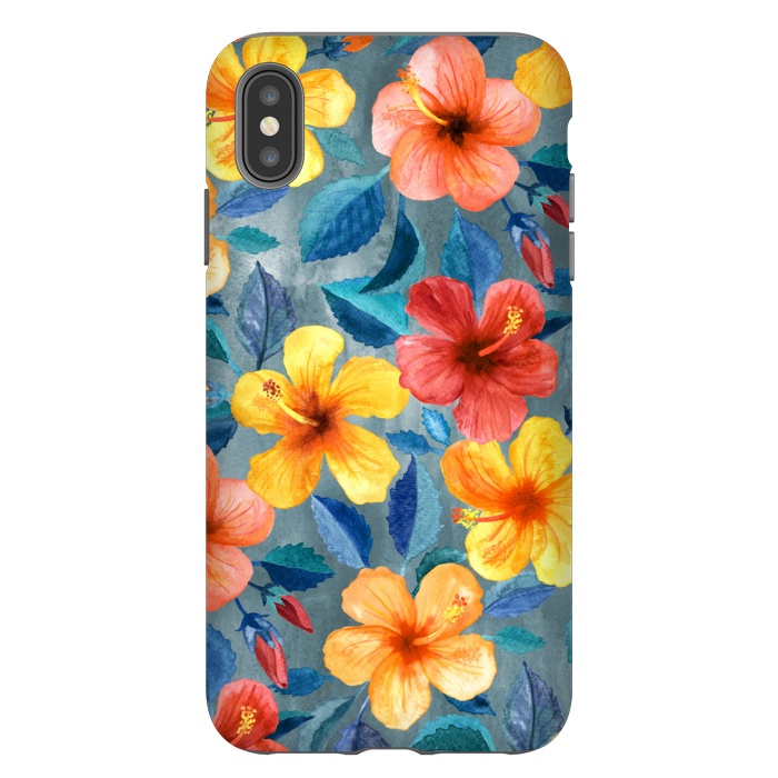 iPhone Xs Max StrongFit Bright Summer Hibiscus Blooms in Watercolor by Micklyn Le Feuvre