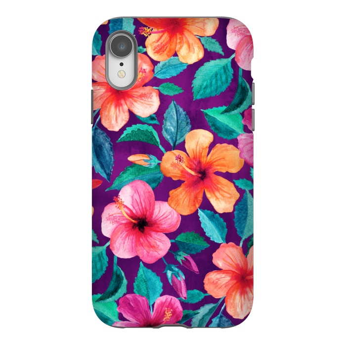 iPhone Xr StrongFit Bright Hibiscus Blooms in Watercolor on Purple by Micklyn Le Feuvre