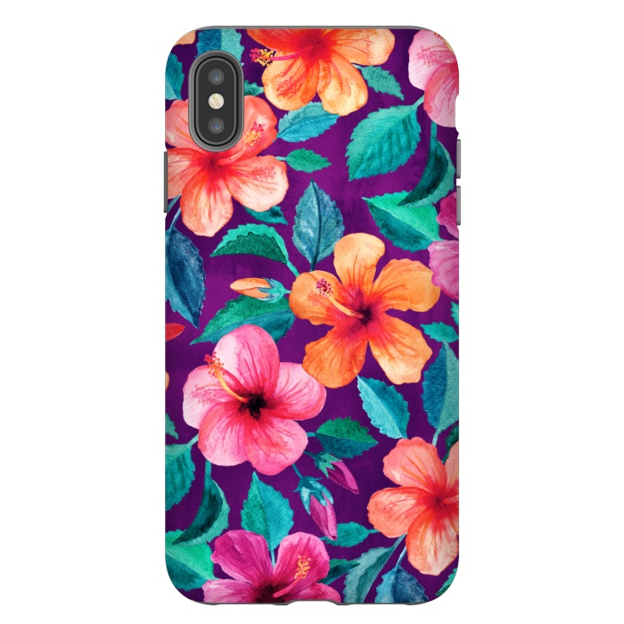 iPhone Xs Max StrongFit Bright Hibiscus Blooms in Watercolor on Purple by Micklyn Le Feuvre