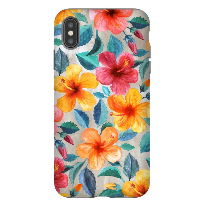 iPhone Xs Max StrongFit Tropical Hawaiian Hibiscus Blooms in Watercolor by Micklyn Le Feuvre