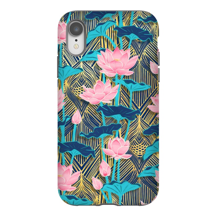 iPhone Xr StrongFit Art Deco Lotus Flowers in Pink & Navy by Micklyn Le Feuvre