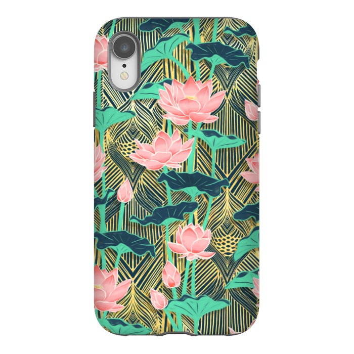 iPhone Xr StrongFit Art Deco Lotus Flowers in Peach & Emerald by Micklyn Le Feuvre