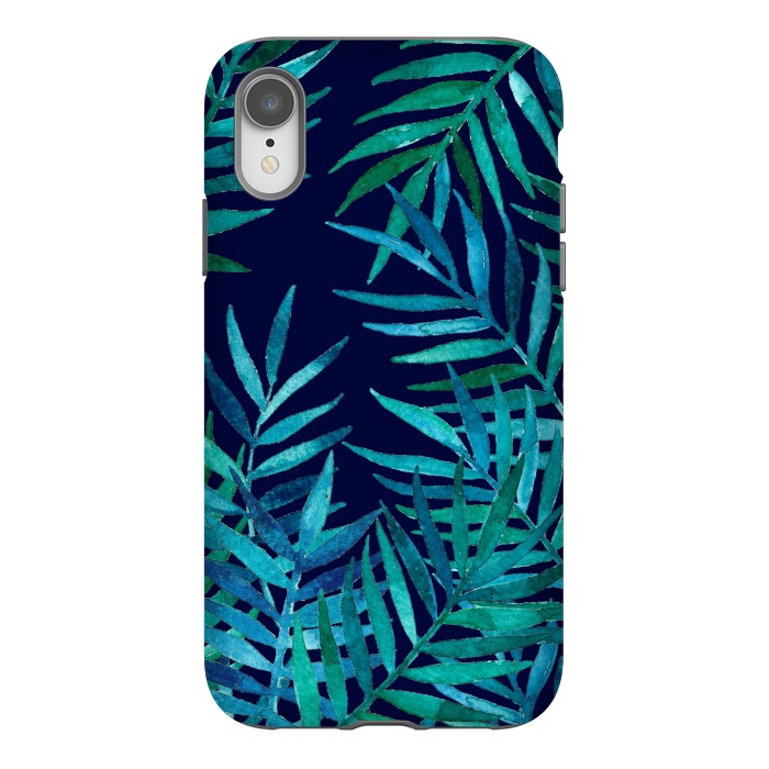 iPhone Xr StrongFit Watercolor Palm Leaves on Navy Blue by Micklyn Le Feuvre