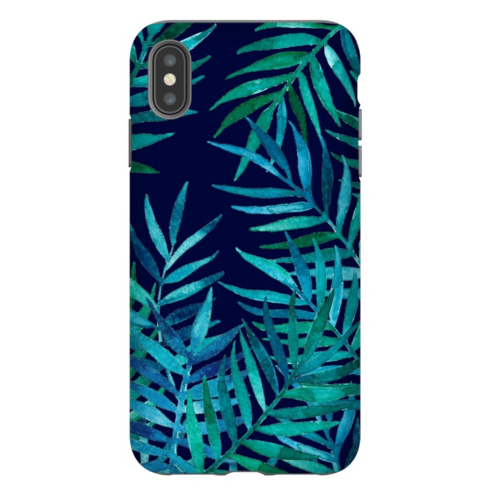 iPhone Xs Max StrongFit Watercolor Palm Leaves on Navy Blue by Micklyn Le Feuvre