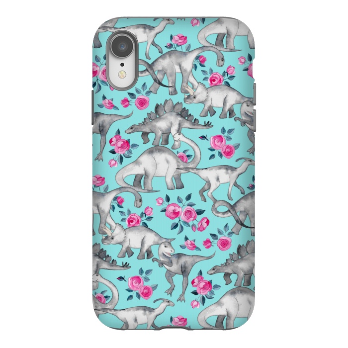 iPhone Xr StrongFit Dinosaurs and Roses on Turquoise by Micklyn Le Feuvre