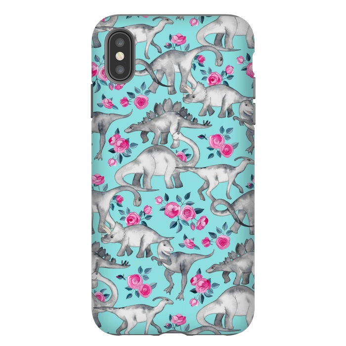 iPhone Xs Max StrongFit Dinosaurs and Roses on Turquoise by Micklyn Le Feuvre