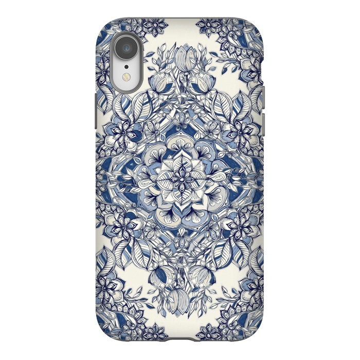 iPhone Xr StrongFit Floral Diamond Doodle in Dark Blue and Cream by Micklyn Le Feuvre
