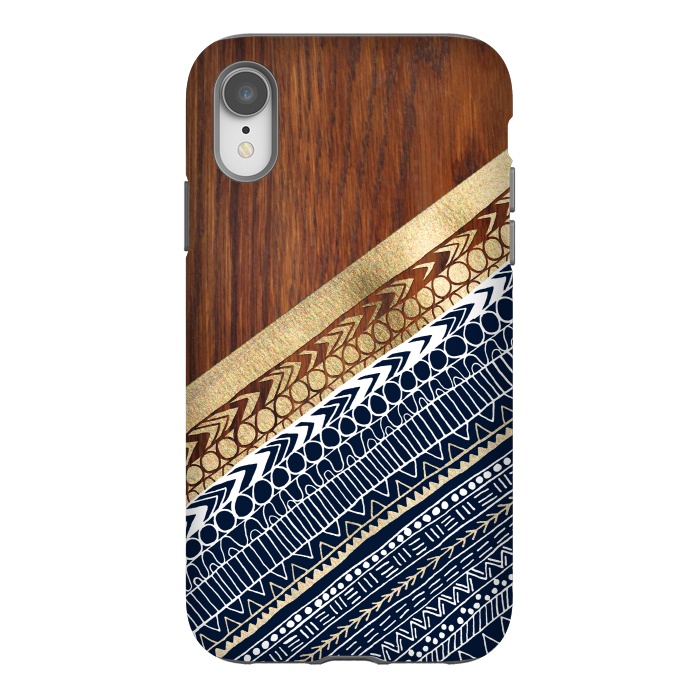 iPhone Xr StrongFit Navy & Gold Tribal on Wood by Tangerine-Tane