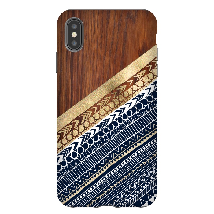 iPhone Xs Max StrongFit Navy & Gold Tribal on Wood by Tangerine-Tane