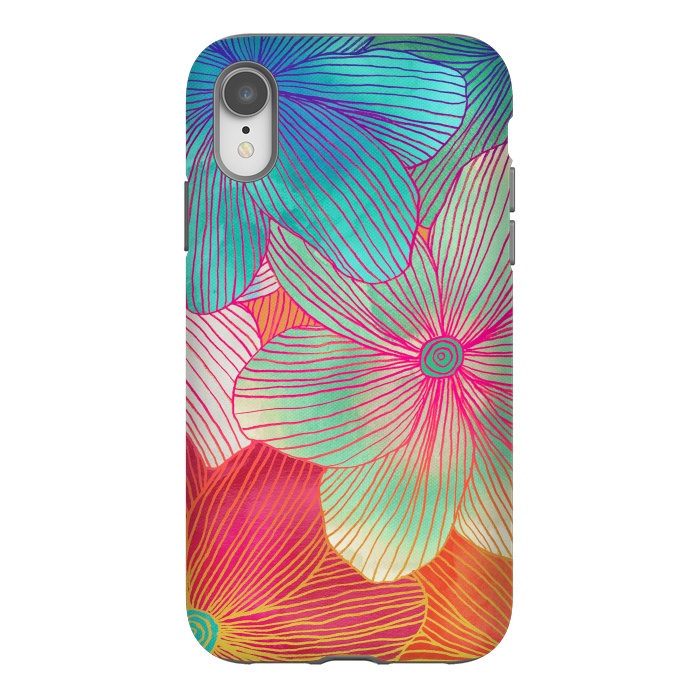 iPhone Xr StrongFit Between the Lines - tropical flowers in pink, orange, blue & mint by Micklyn Le Feuvre