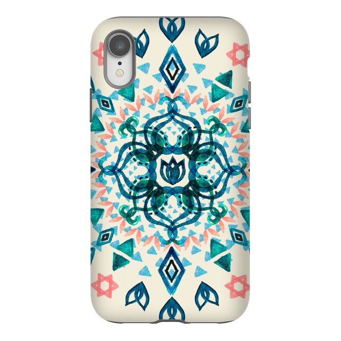 iPhone Xr StrongFit Watercolor Lotus Mandala in Teal & Salmon Pink by Micklyn Le Feuvre