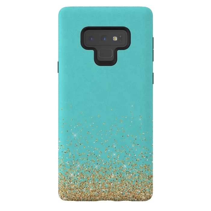 Galaxy Note 9 StrongFit Gold Glitter on Teal Damask by  Utart