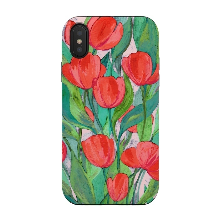 iPhone Xs / X StrongFit Blooming Red Tulips in Gouache  by Micklyn Le Feuvre