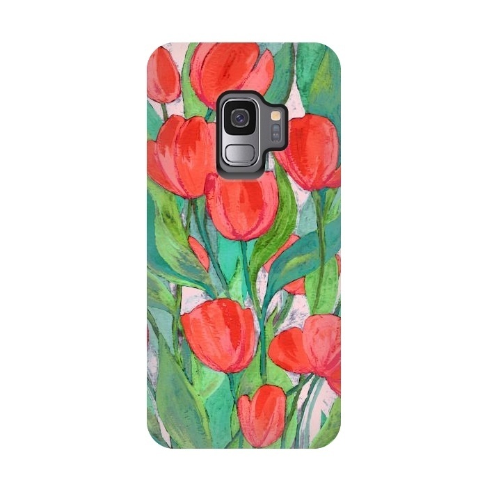 Galaxy S9 StrongFit Blooming Red Tulips in Gouache  by Micklyn Le Feuvre