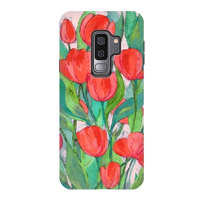 Galaxy S9 plus StrongFit Blooming Red Tulips in Gouache  by Micklyn Le Feuvre