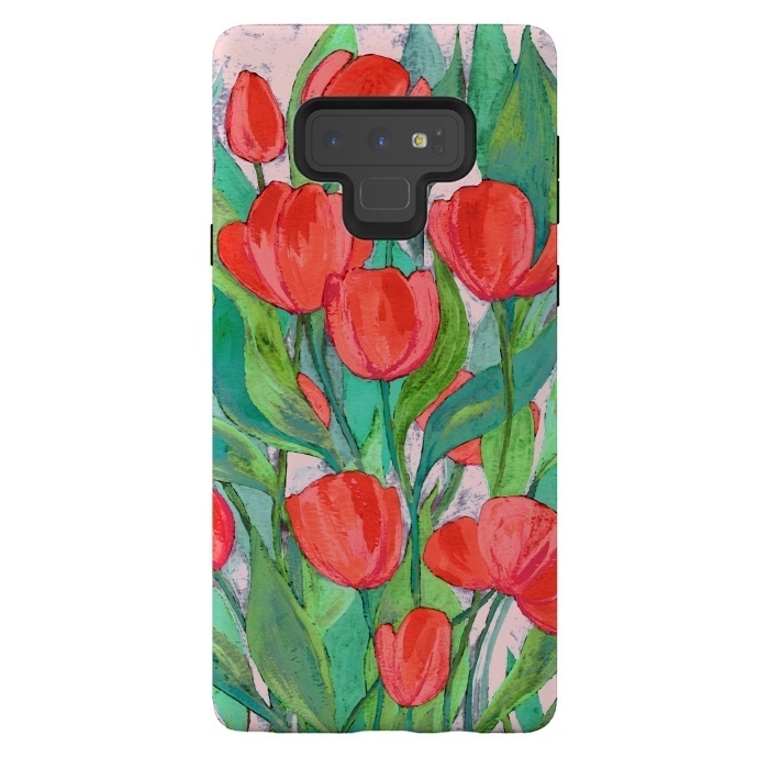 Galaxy Note 9 StrongFit Blooming Red Tulips in Gouache  by Micklyn Le Feuvre