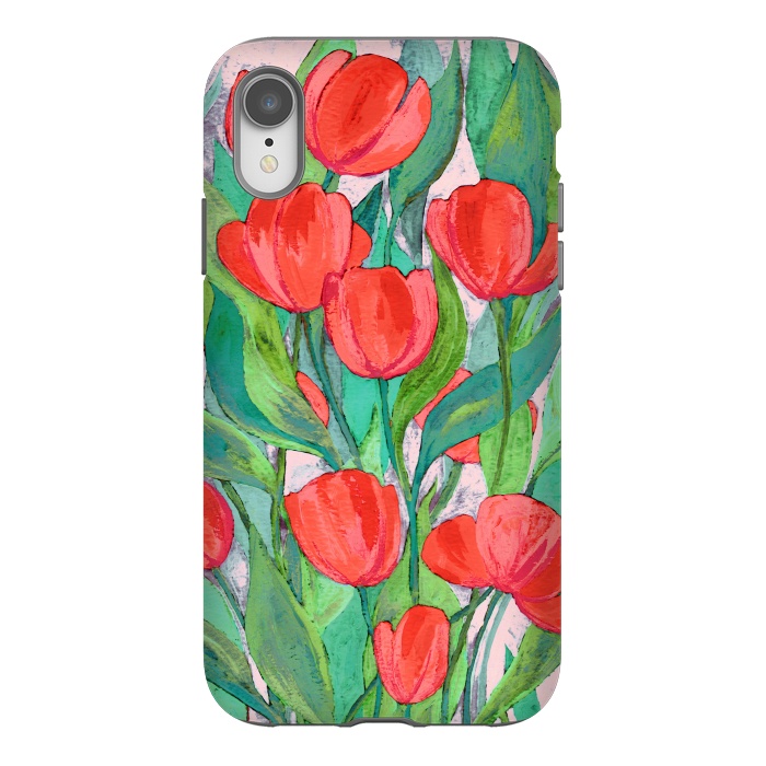 iPhone Xr StrongFit Blooming Red Tulips in Gouache  by Micklyn Le Feuvre