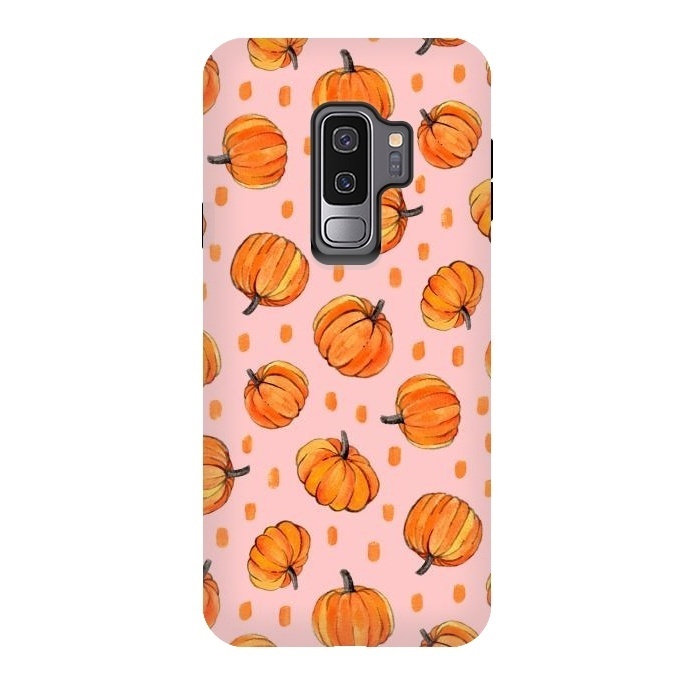 Galaxy S9 plus StrongFit Little Gouache Pumpkins with Dots on Pink by Micklyn Le Feuvre
