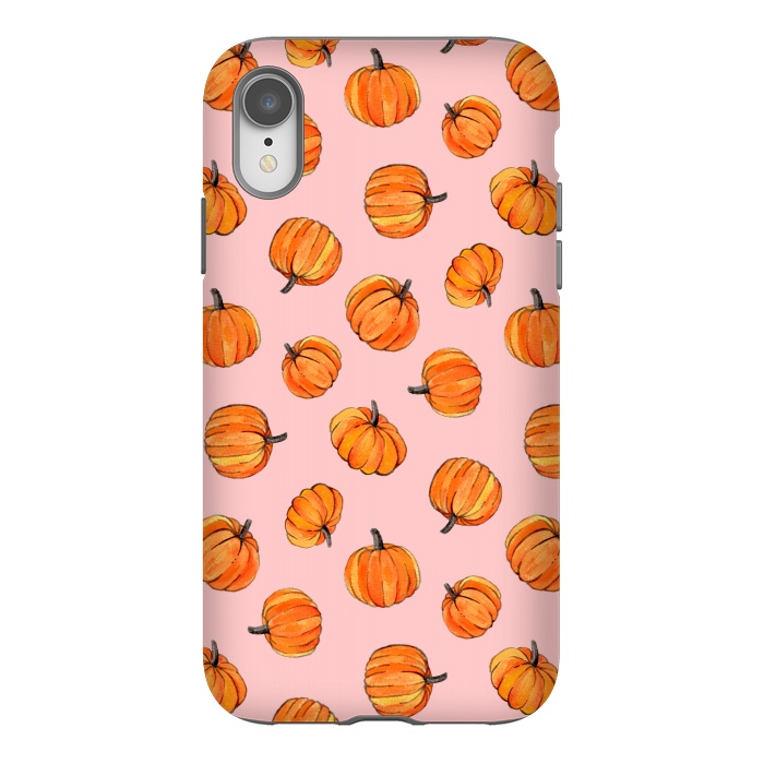 iPhone Xr StrongFit Tiny Pumpkin Polka Dots on Pink by Micklyn Le Feuvre