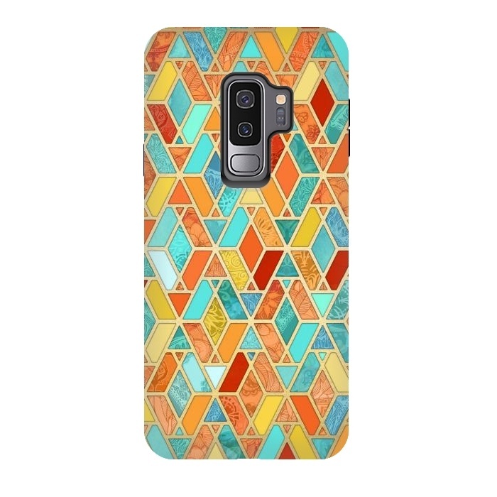 Galaxy S9 plus StrongFit Tangerine and Turquoise Geometric Fall Pattern by Micklyn Le Feuvre