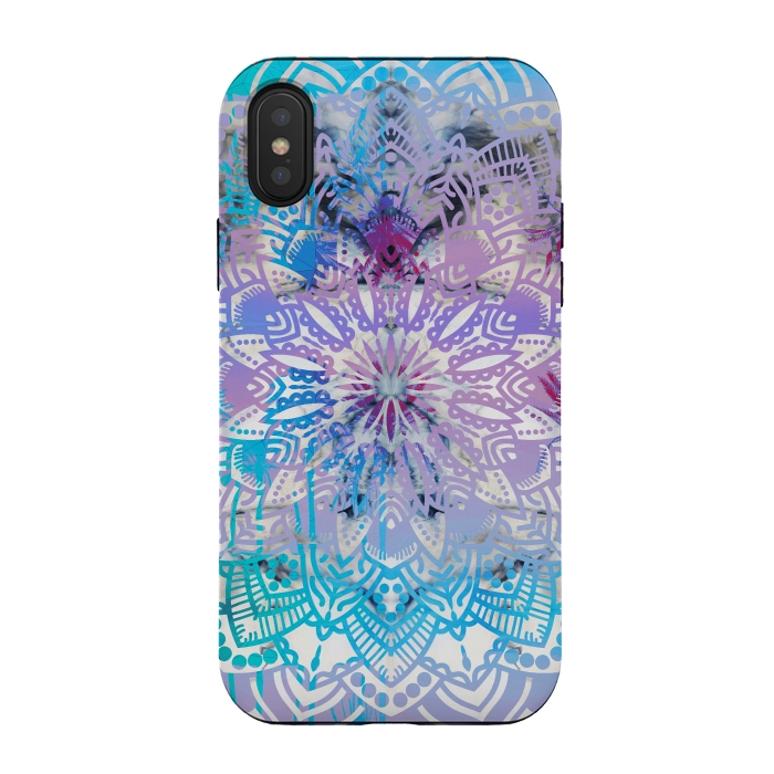 iPhone Xs / X StrongFit Blue lavender mandala drawing on white marble by Oana 