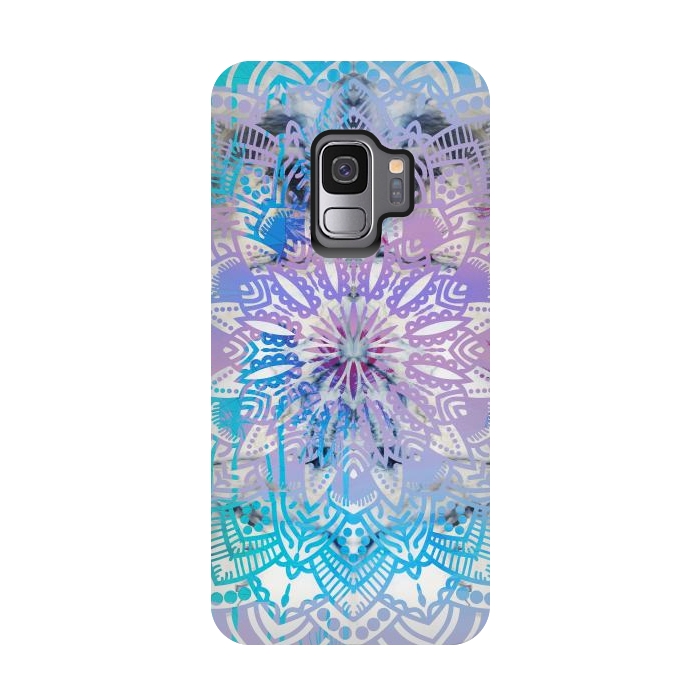 Galaxy S9 StrongFit Blue lavender mandala drawing on white marble by Oana 