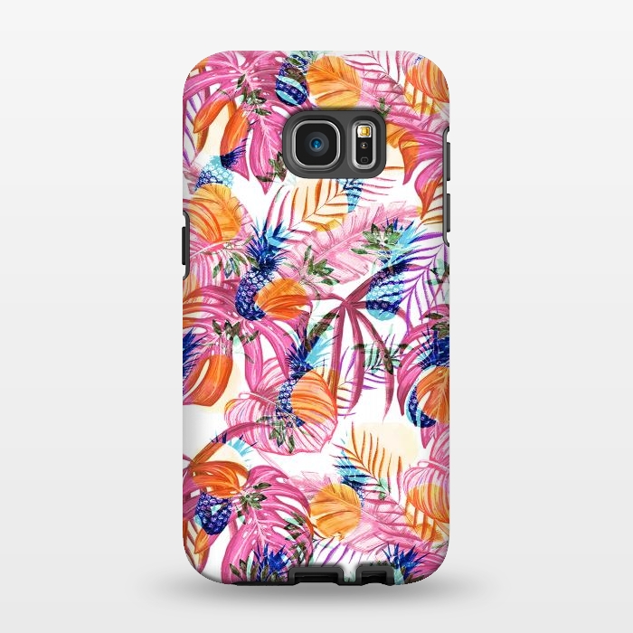 Galaxy S7 EDGE StrongFit Pink tropical leaves and blue pineapples by Oana 