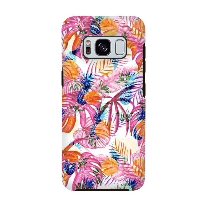 Galaxy S8 StrongFit Pink tropical leaves and blue pineapples by Oana 