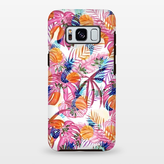 Galaxy S8 plus StrongFit Pink tropical leaves and blue pineapples by Oana 