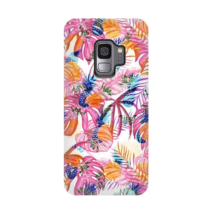Galaxy S9 StrongFit Pink tropical leaves and blue pineapples by Oana 