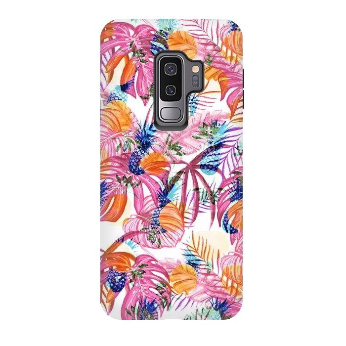 Galaxy S9 plus StrongFit Pink tropical leaves and blue pineapples by Oana 