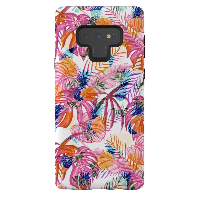 Galaxy Note 9 StrongFit Pink tropical leaves and blue pineapples by Oana 