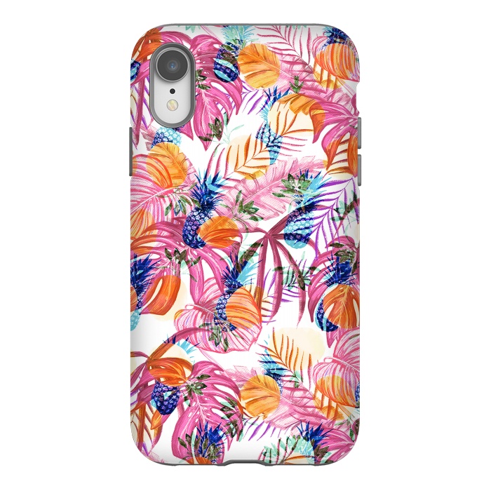 iPhone Xr StrongFit Pink tropical leaves and blue pineapples by Oana 