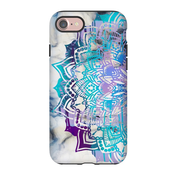 iPhone 7 StrongFit Blue purple mandala on white marble texture by Oana 