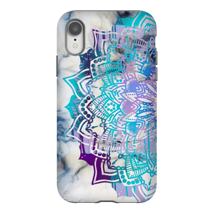 iPhone Xr StrongFit Blue purple mandala on white marble texture by Oana 