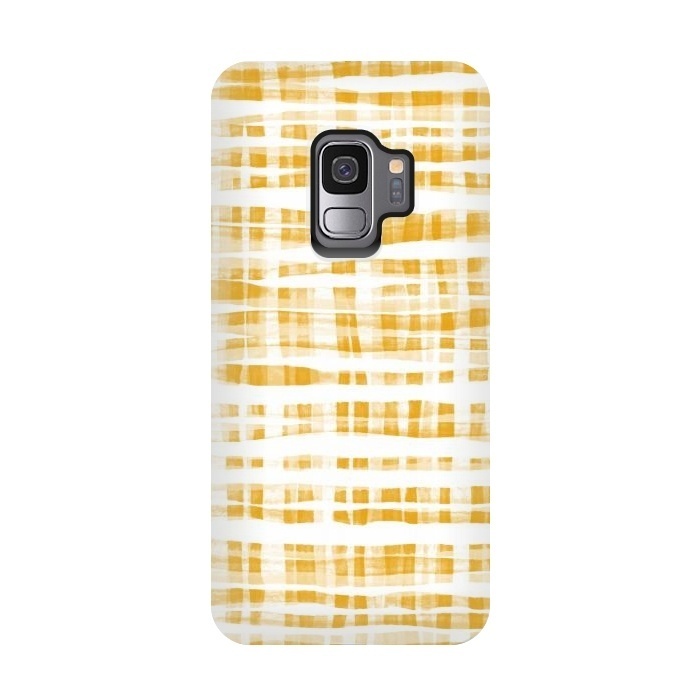 Galaxy S9 StrongFit Happy Mustard Yellow Hand Painted Gingham by Micklyn Le Feuvre