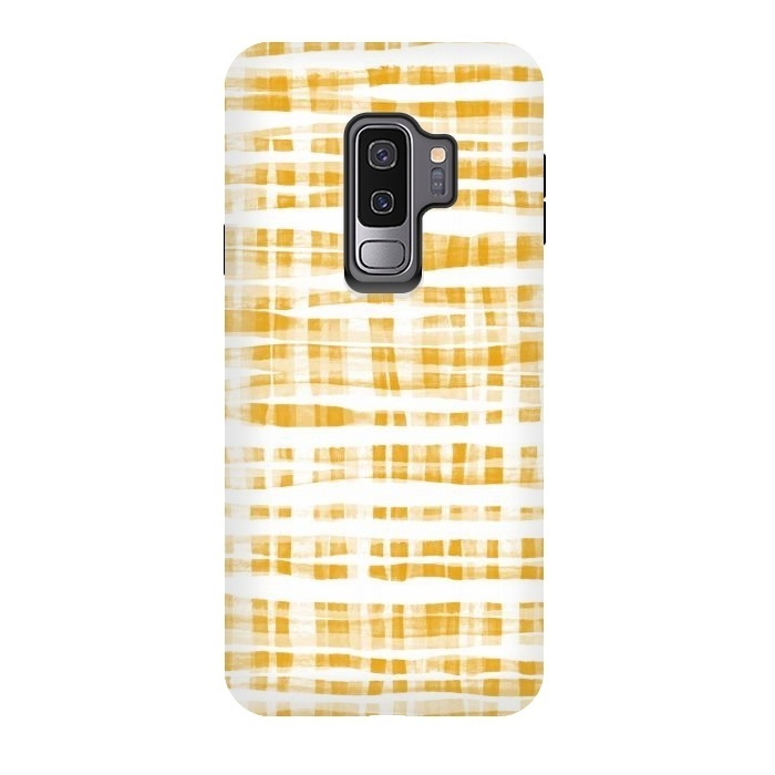 Galaxy S9 plus StrongFit Happy Mustard Yellow Hand Painted Gingham by Micklyn Le Feuvre
