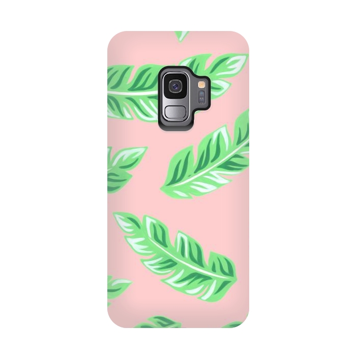 Galaxy S9 StrongFit Pink Tropical Palm Leaf Print by Becky Starsmore