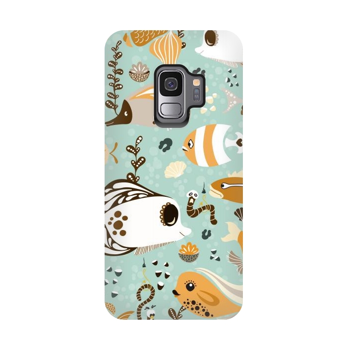 Galaxy S9 StrongFit Funny Fish in Orange and Brown by Paula Ohreen