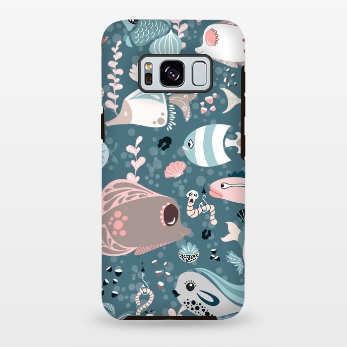 Galaxy S8 plus StrongFit Funny Fish in Blue and White by Paula Ohreen