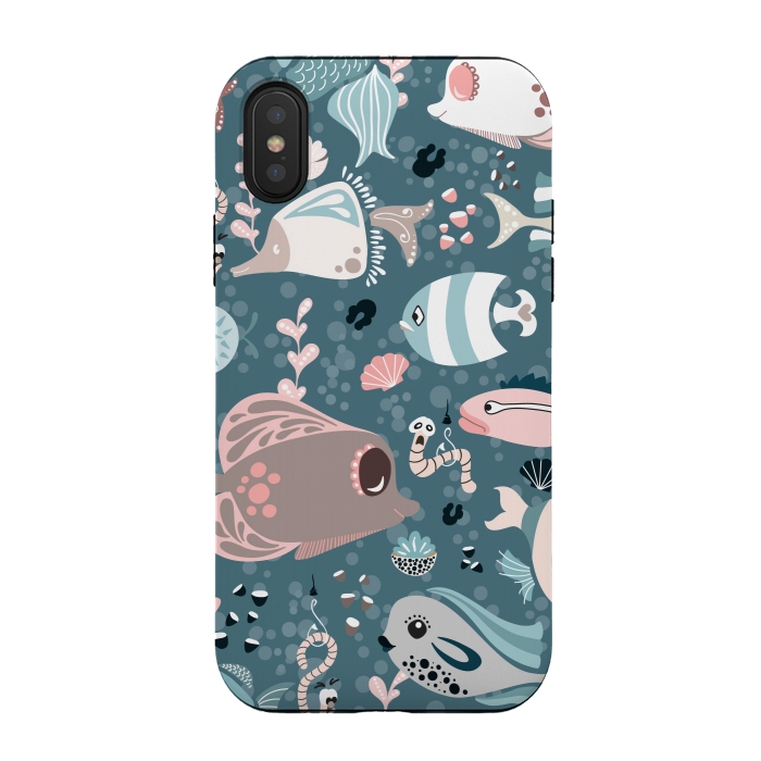 iPhone Xs / X StrongFit Funny Fish in Blue and White by Paula Ohreen
